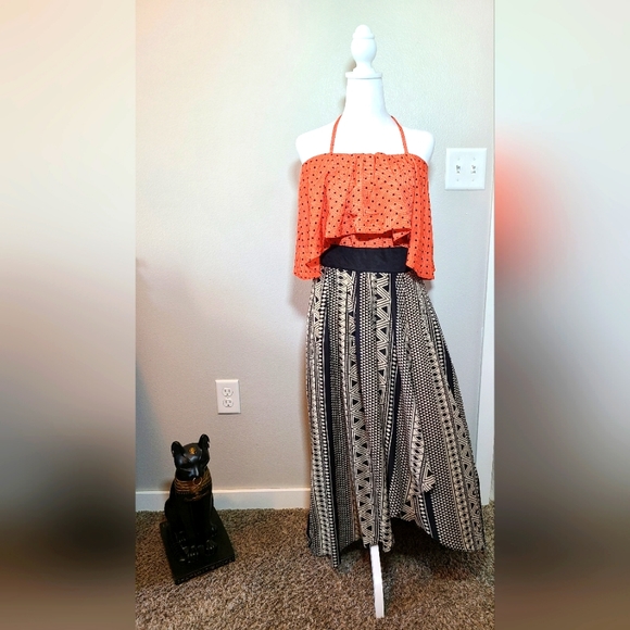 Under Skies Halter Style Silky Asymmetrical Hem Dress Size Large Orange & Black - Picture 1 of 8